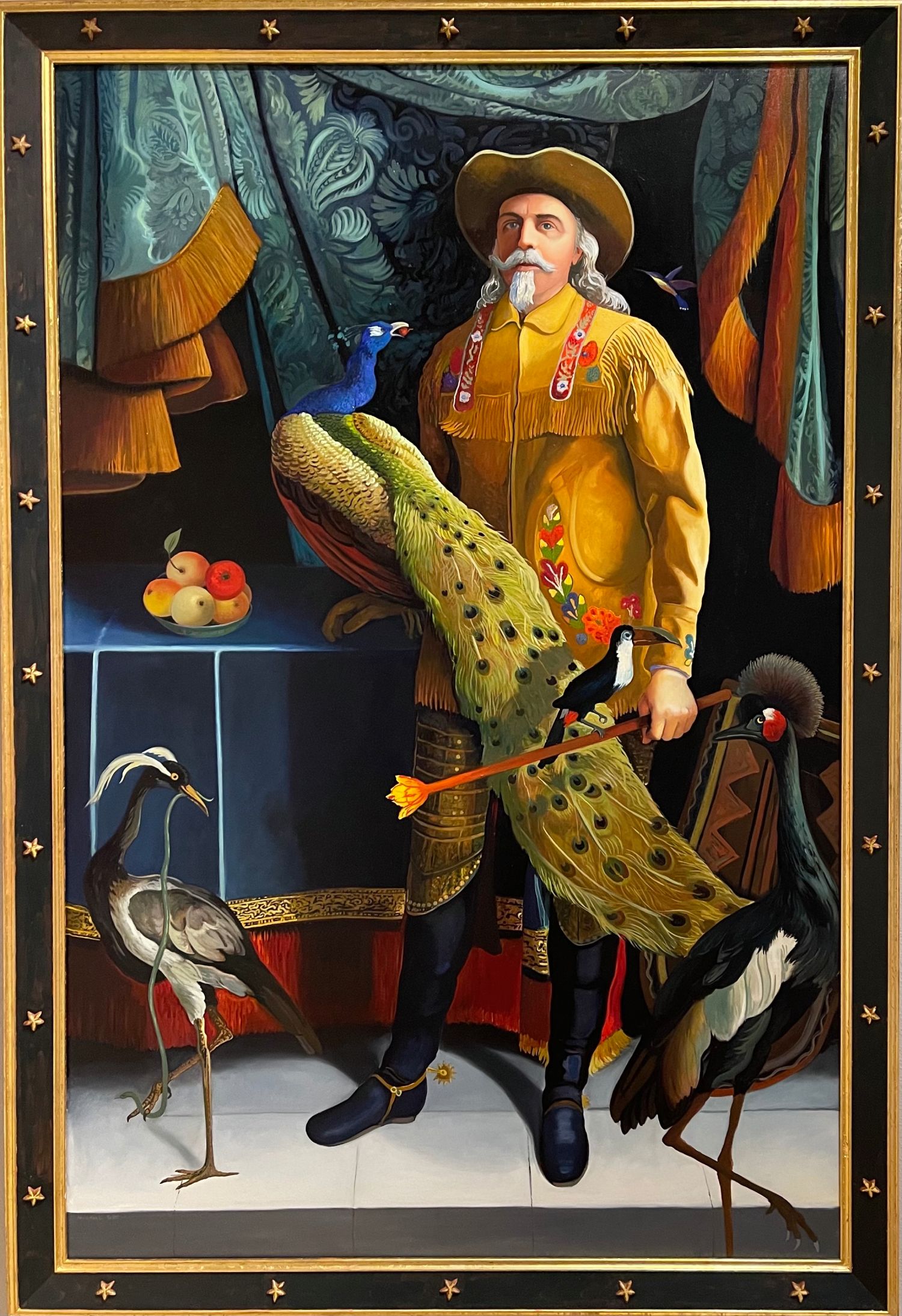 Painting of Buffalo Bill holding a peacock