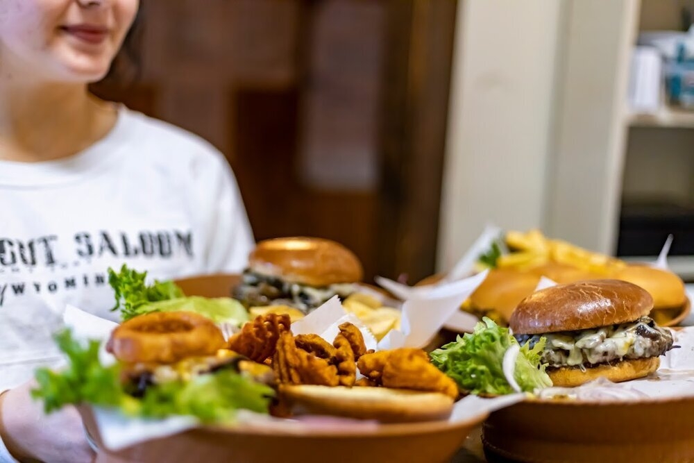 A bunch of pub style food on a table