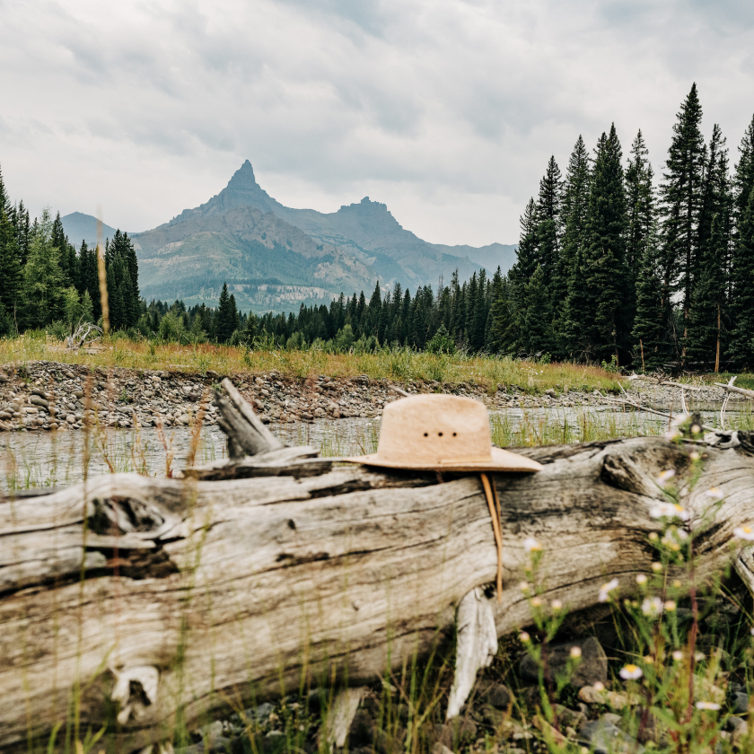 A cozy hat placed on a log, framed by majestic mountains in the background, which is perfect outdoor scene.