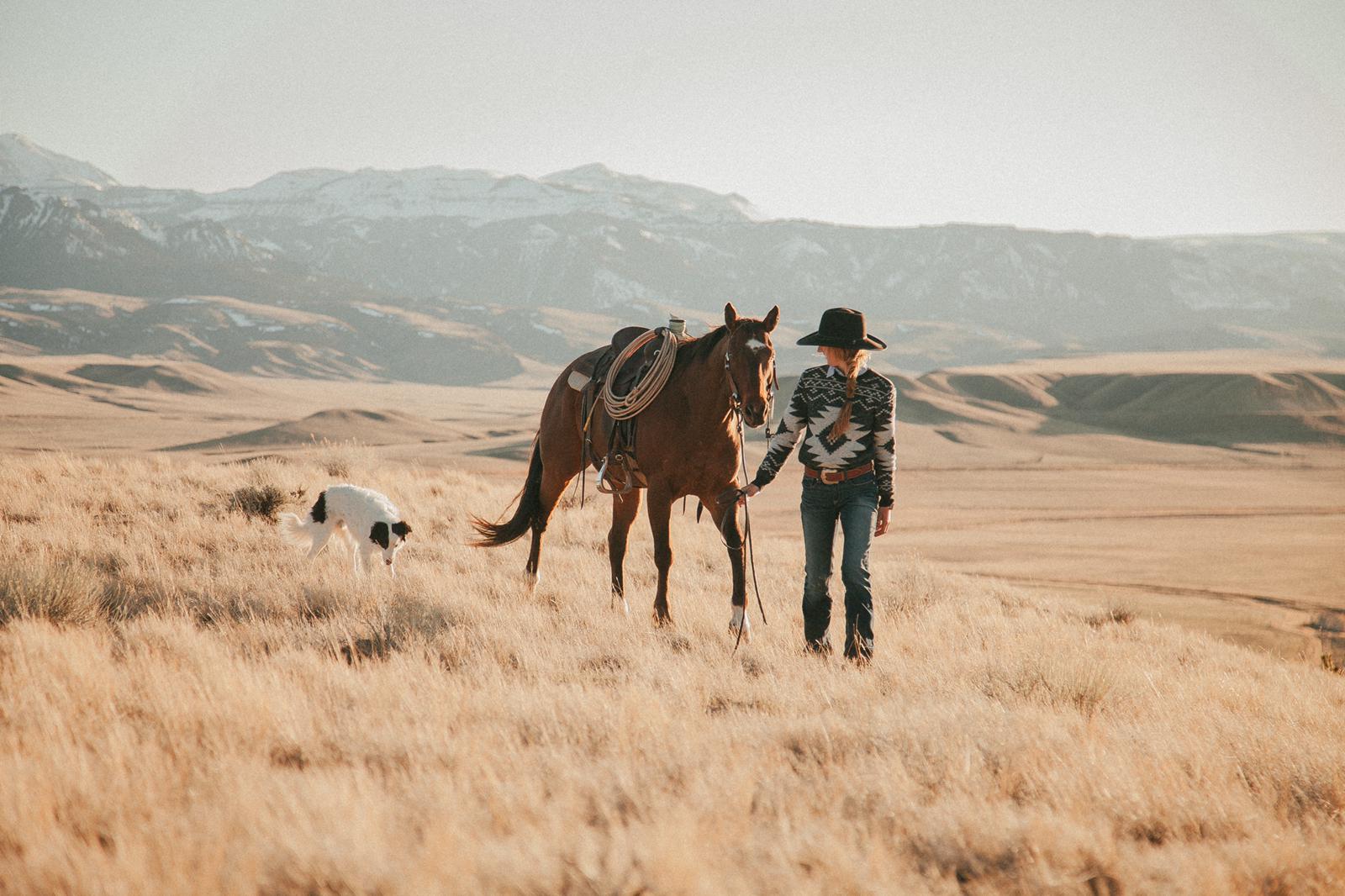 A woman, a horse and a dog in an open field of land in the mountains