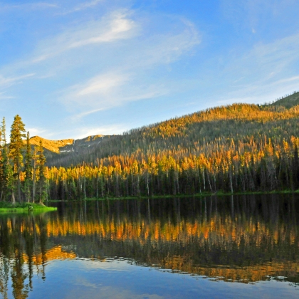 A lake and mountains with colored leaves in Cody Yellowstone in the fall