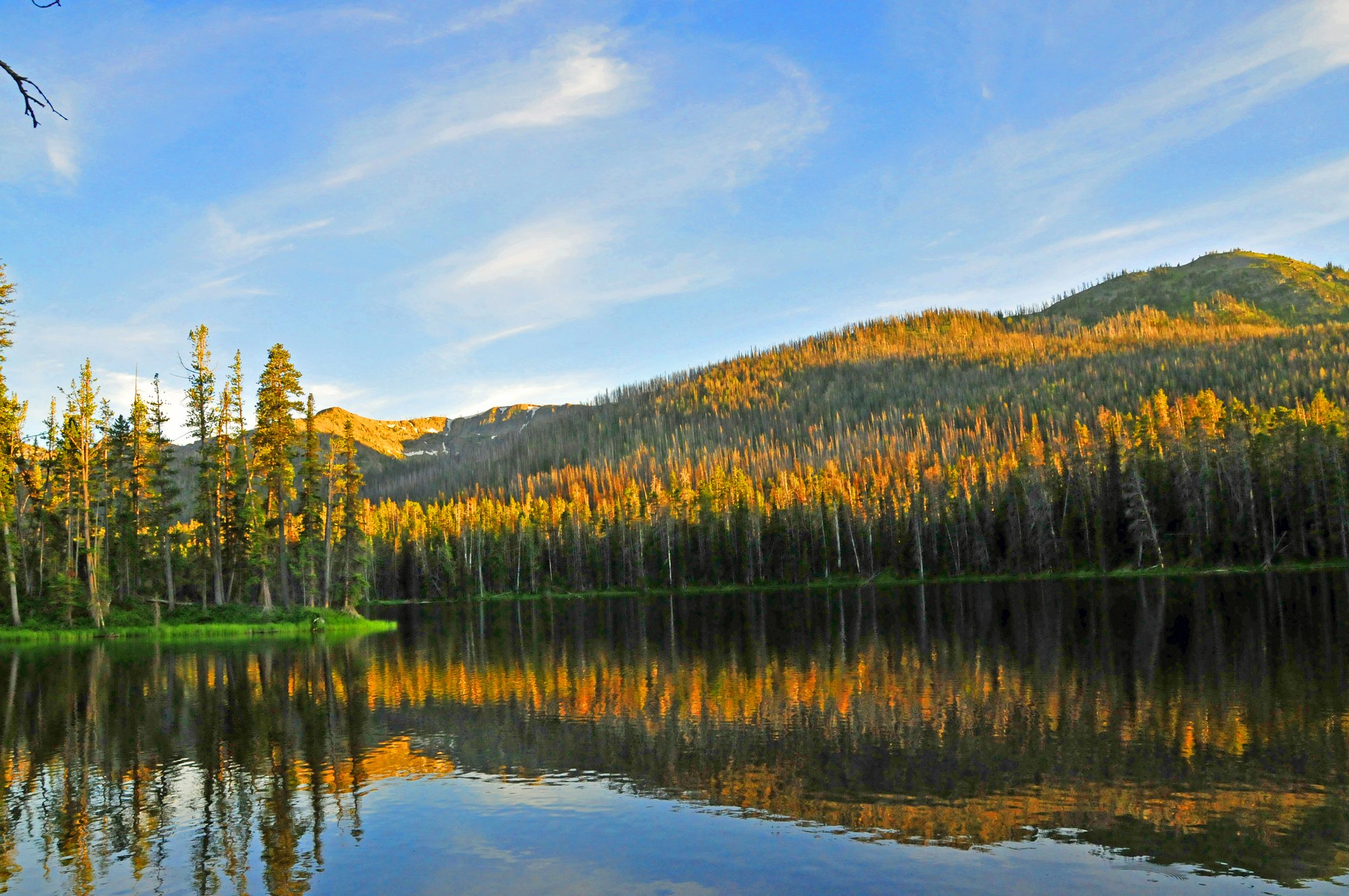 A lake and mountains with colored leaves in Cody Yellowstone in the fall