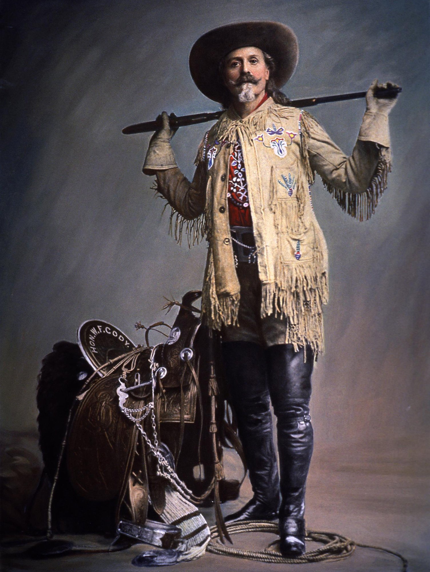 Buffalo Bill in a classic cowboy outfit, complete with a hat, boots, and a rugged look, standing confidently outdoors