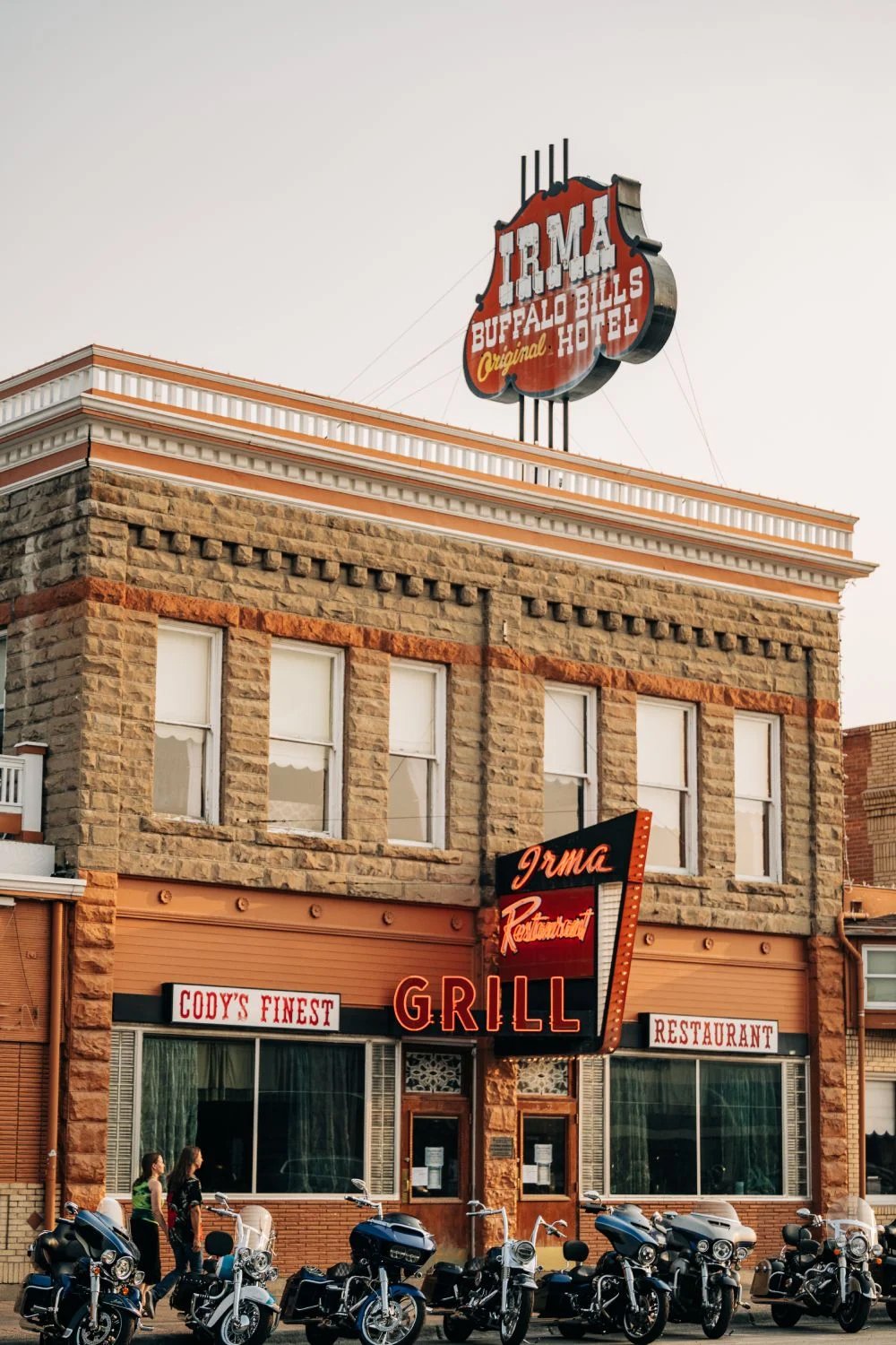 The Irma Hotel with motorcycles parked out front