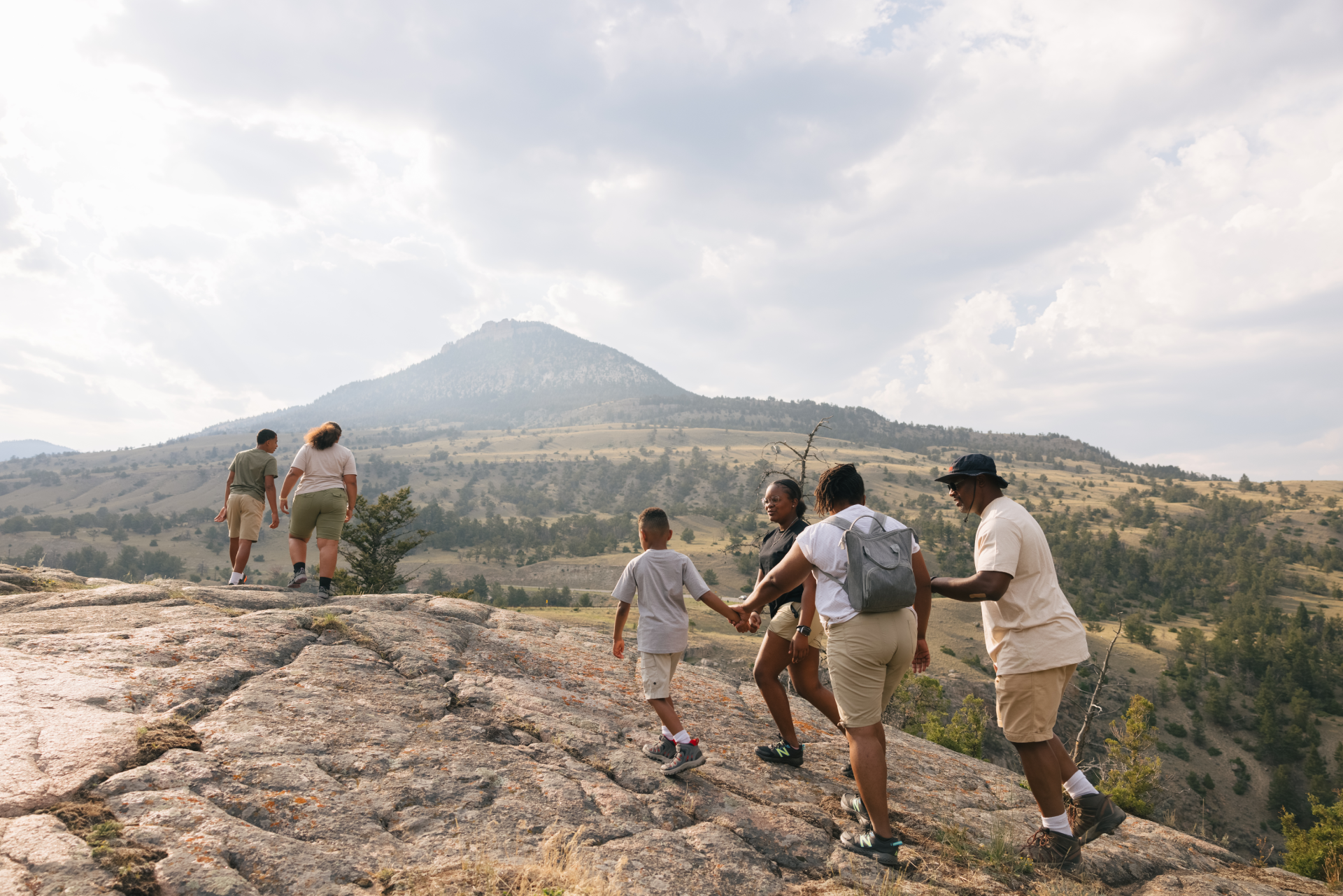 A family hiking in Yellowstone