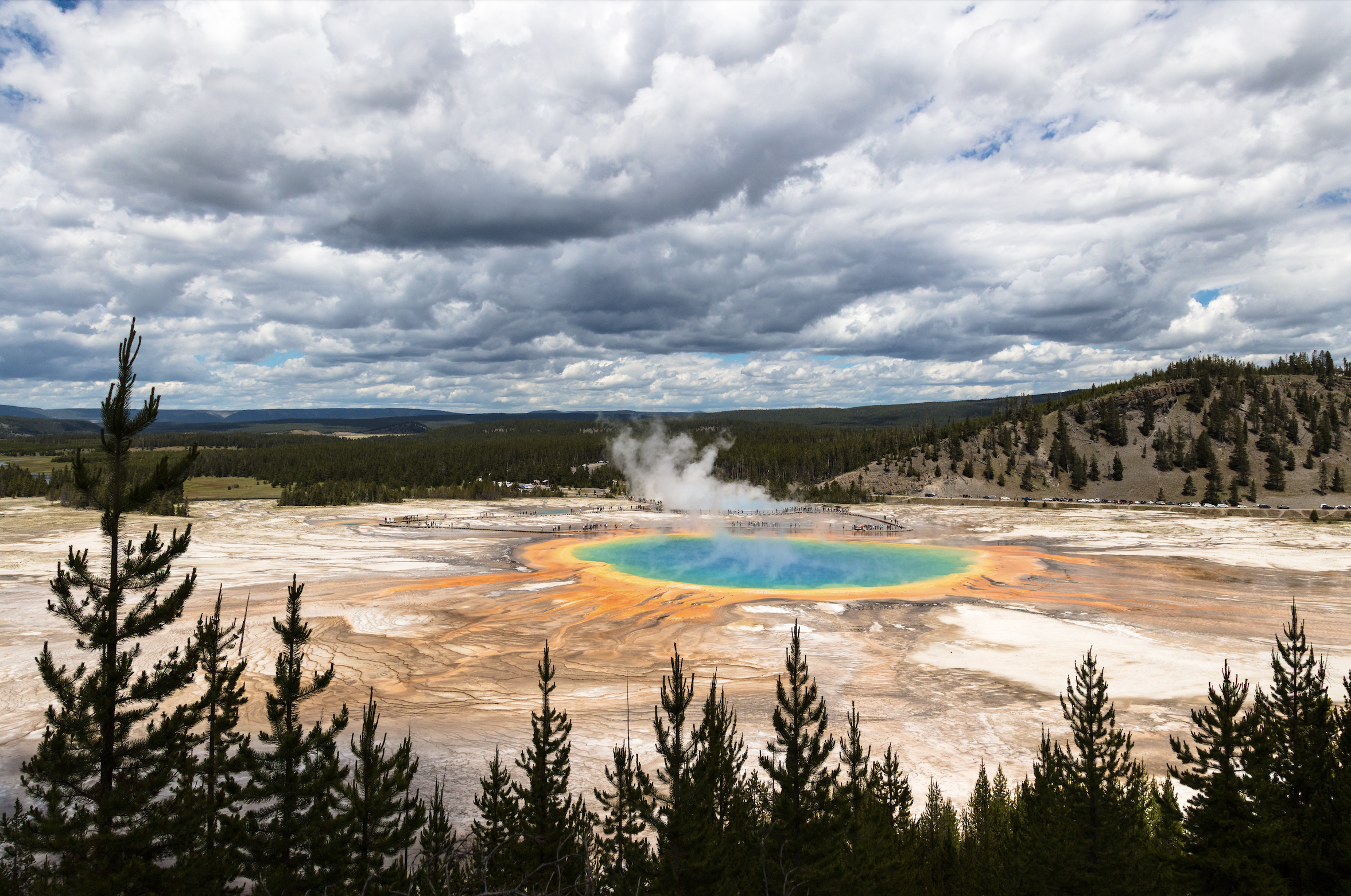 An open area of land with a hot spring in the middle.