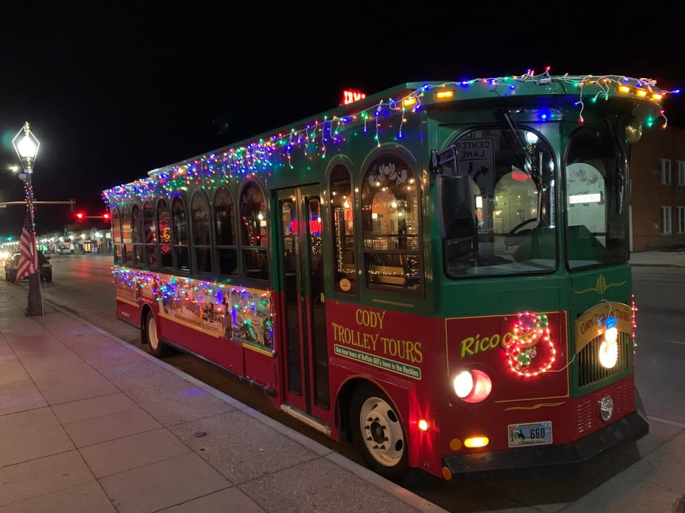 A Christmas decorated Cody trolly